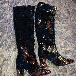 Multi colored velvet & sequin slouch boots